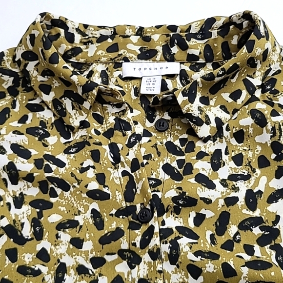 Topshop Long Sleeve Button Up Blouse Abstract  Animal Print Mustard Black US 10 - Picture 4 of 15